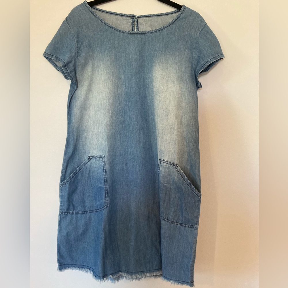 Blue Denim Dress Pockets Raw Hem sz S